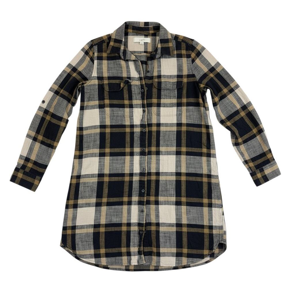 Loft Plaid Shacket XS Tan Brown Black Neutrals Button Up Shirt Layering Jacket - Picture 3 of 11